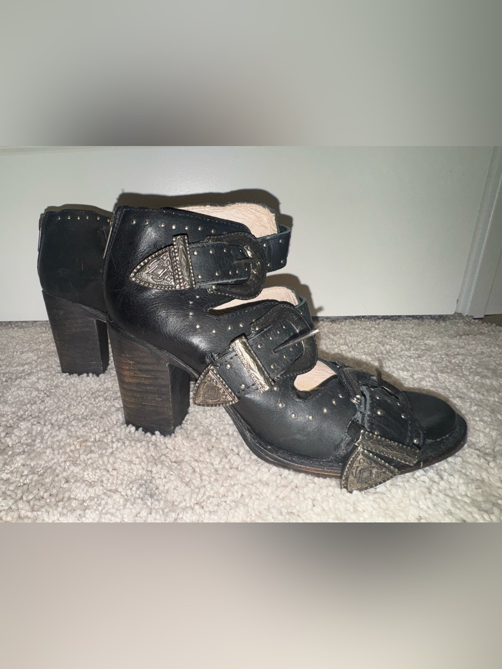 freebird Black Studded Buckle Heels